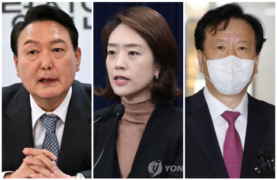 (왼쪽부터) 윤석열 대통령 당선인, 고민정 더불어민주당 의원, 정호영 보건복지부 장관 후보자. <연합뉴스>